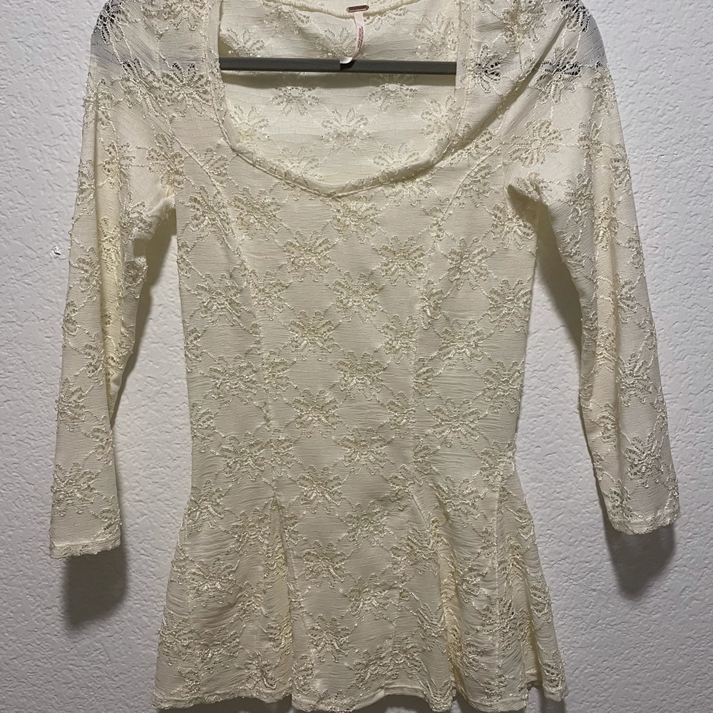Free People Ivory Godet Daisy Lace Peplum Top